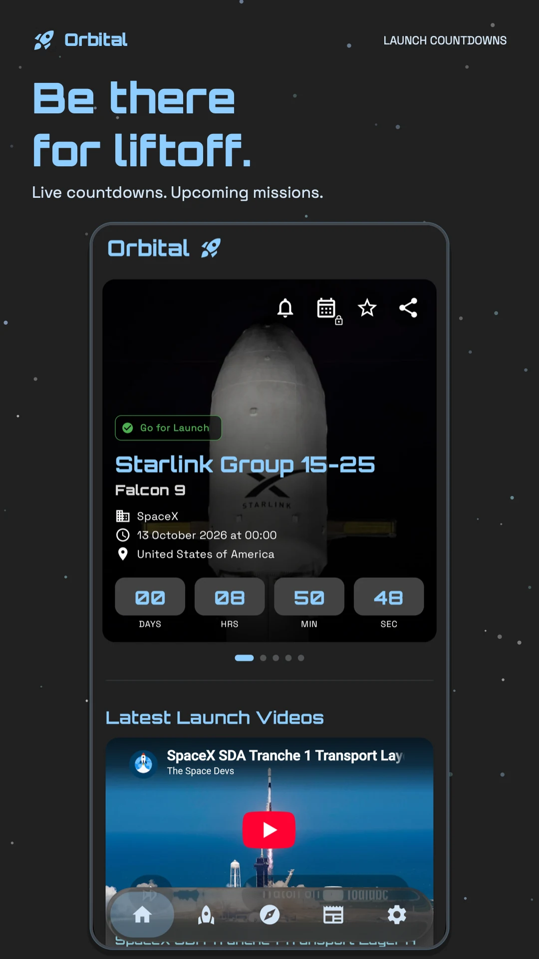 Orbital home screen with a live launch countdown and the latest launch videos.