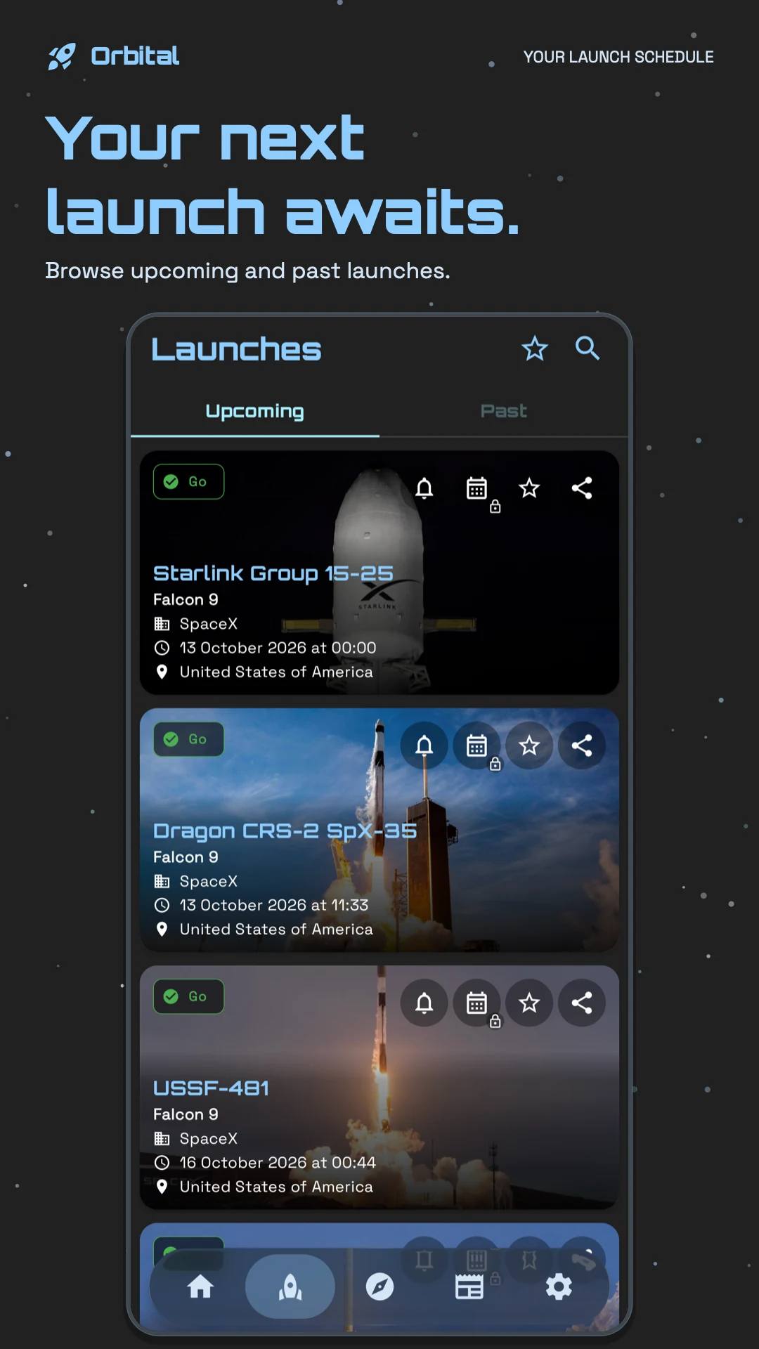 Upcoming launches with mission names, launch dates, rockets, and status updates.