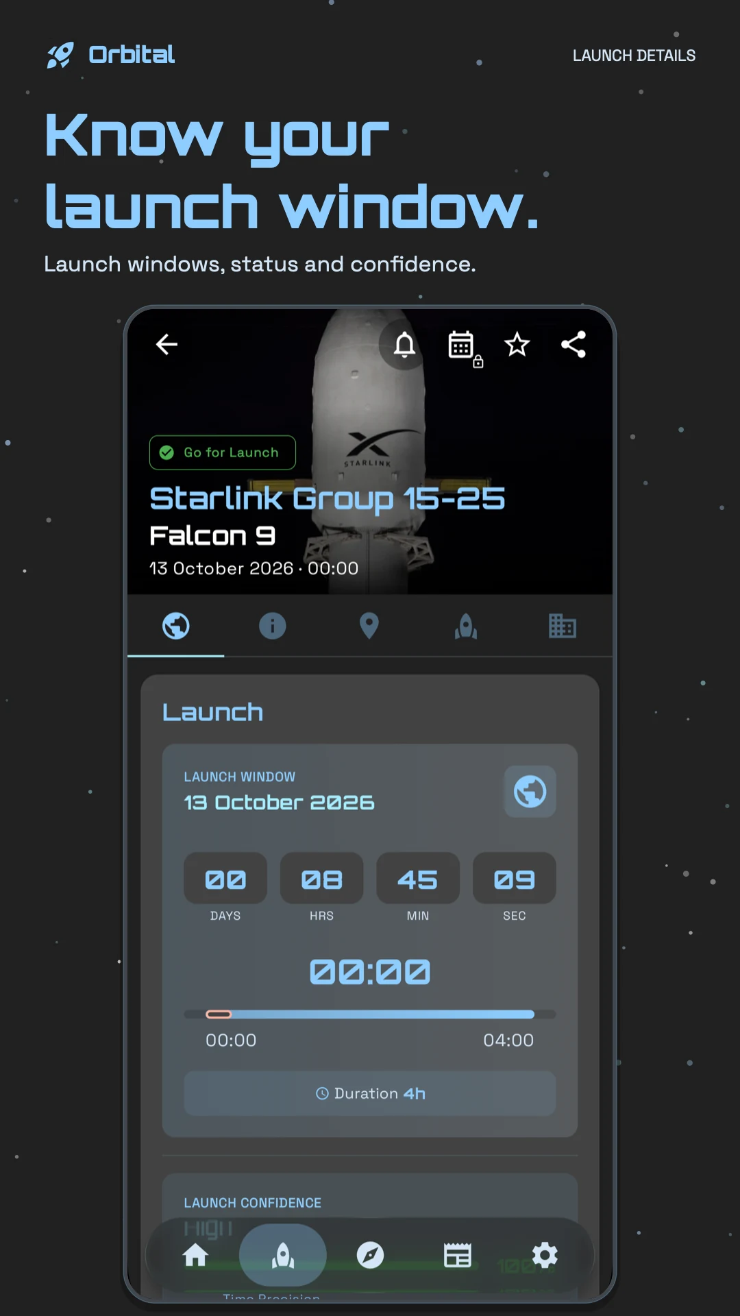 Mission details with a launch window, countdown, and launch confidence.